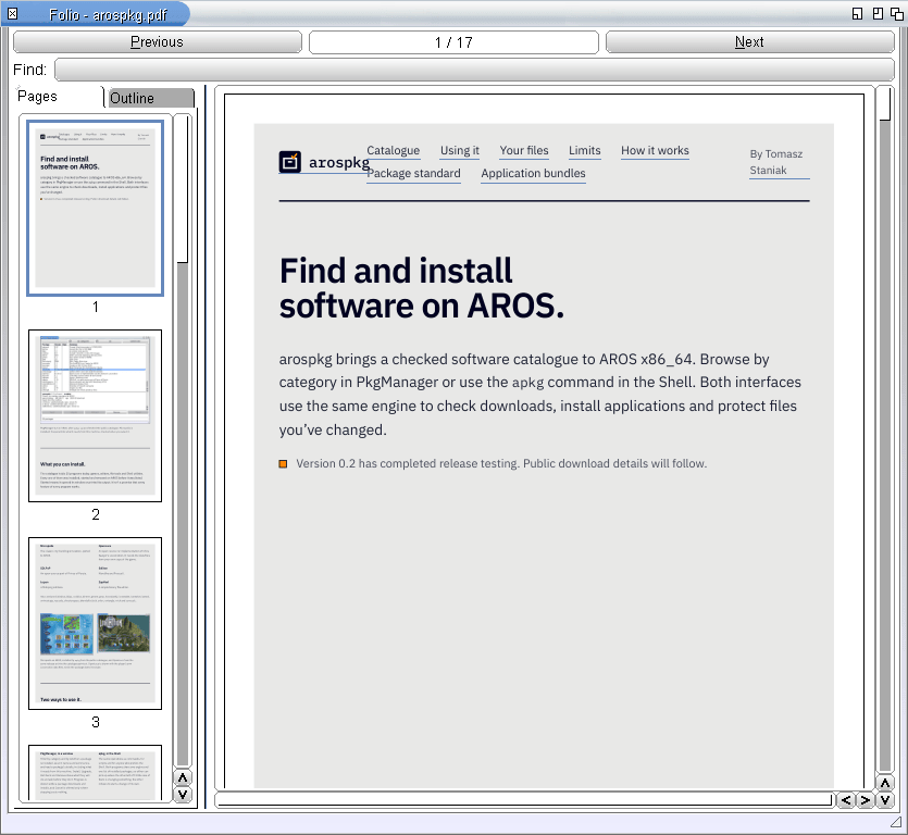 Folio on AROS showing a PDF of this page: a column of page thumbnails on the left and the first page on the right.