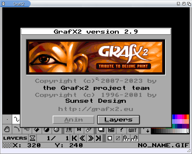 GrafX2 2.9 on AROS: the editor window with its splash screen, the tool bar, the palette and the layers bar.