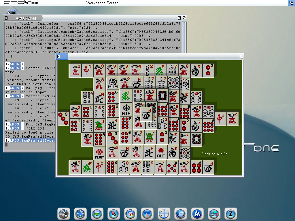 Lopan, a Mahjong game, open on AROS One with its tile board drawn.