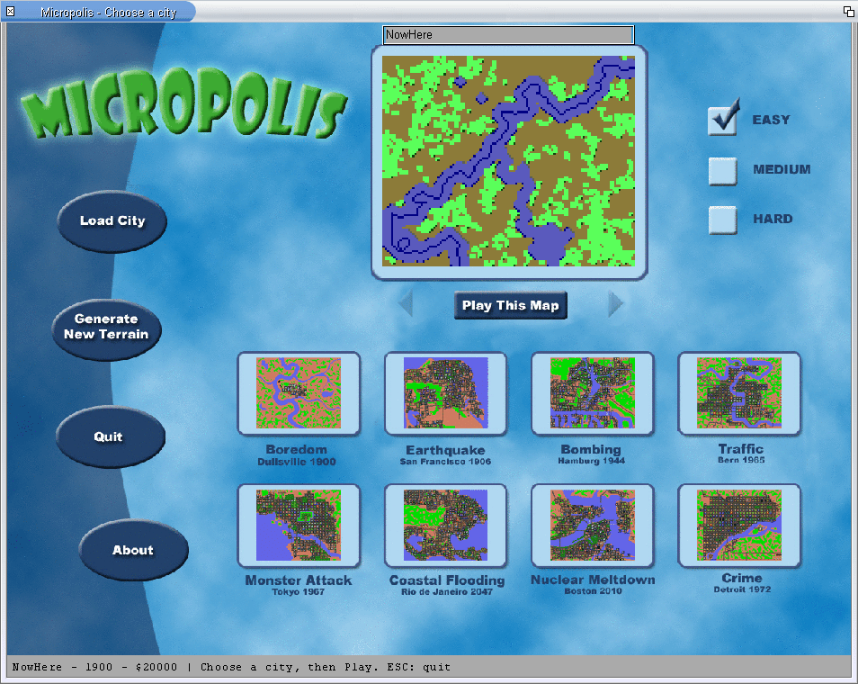 Micropolis on AROS: the choose-a-city screen with a generated map and eight scenario cities.