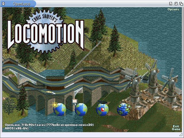 OpenLoco on AROS: the Locomotion title screen with a railway viaduct, windmills and the main menu buttons.